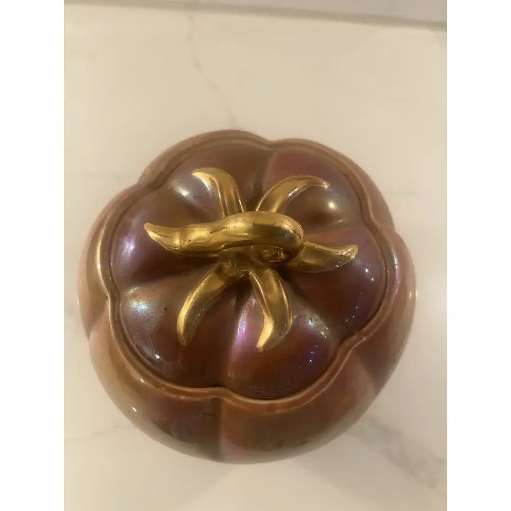 Vtg Fall Pumpkin Canister Orange Lusterware Iridescent Gold Lid Stem Cookie Jar‎